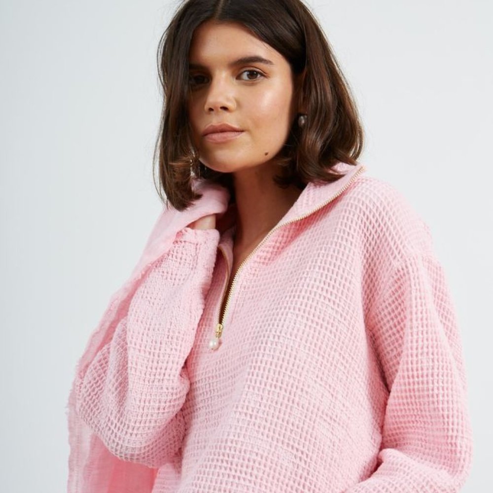 DONNI Waffle Half Zip Pullover - Peony - XS - NWT